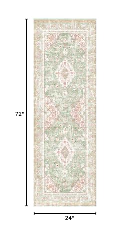 Vhong Washable Area Rugs Boho Vintage Modern Neutral Small Carpet Green and Pink High Traffic Rugs 2×6 for for Kitchen Hallway Living Room Non Slip - color: Green/Pink, size: 2' x 6' (Runner)