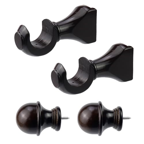 Antrader 2Pcs Finials for Curtain Rods and 2Pcs Wood Curtain Rod Brackets - color: Coffee Color