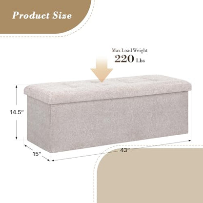 Athena Collection 43" Storage Ottoman Bench Folding Bench with 130L Hidden Storage, Large End of Bed Bench Linen Foot Rest Stool Chest with Flipping Lid for Living Room Bedroom Entryway, Sandy Beige - color: Sandy Beige, style: 43" Linen