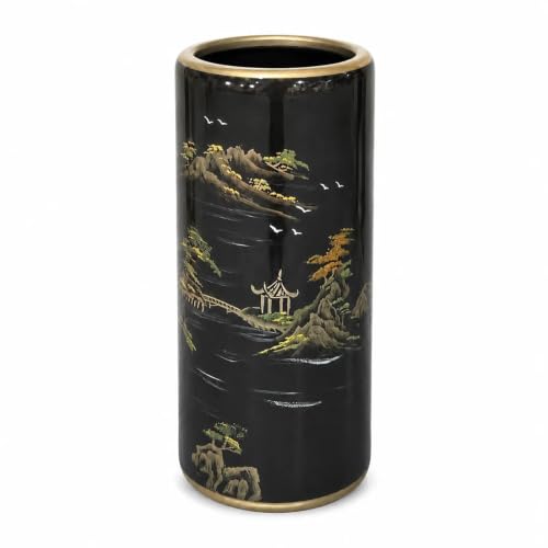 Ceramic Umbrella Stand for Entryway, Decorative Indoor Umbrella Holder with Gold Rim, Floor Vase Cane & Walking Stick Holder for Foyer Hallway Home Decor (Black Landscape) - color: Black Landscape
