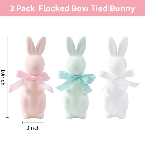FestalMart Easter Decorations-3 Pack Flocked Bow Tied Bunny Set- Pastel Bunny Decor for Spring Home Shelf Mantel Table Windowsill Party Decor
