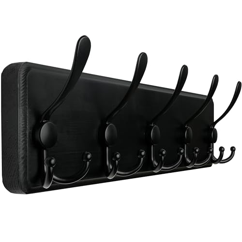 WEBI Coat Rack Wall Mount,Coat Hooks Wall Mounted Rustic,16" Hole to Hole,Large Coat Hanger Wall,Wood Hook Rack,5 Triple Hooks for Hanging Coats,Jacket,Clothes,Farmhouse,Black - color: Black, size: 5 Hooks