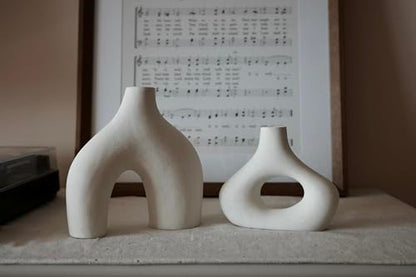 Carrot's Den Ceramic Modern Vase Set of 2, Donut Shelf Decor, Warm White - color: Warm White