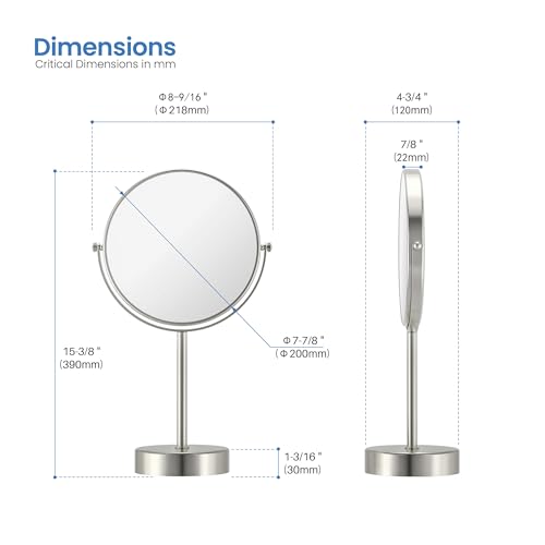KIBI Free Standing Magnifying Makeup Mirror | Dual-Sided 1X/5X Magnification | 360° Rotating Vanity Mirror for Precise Grooming, Skincare & Beauty (Brushed Nickel, KMM103) - color: Brushed Nickel