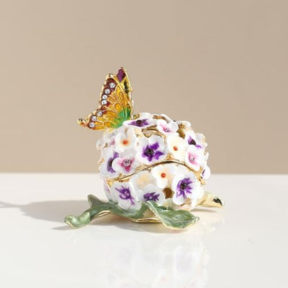 Decorative Floral Jewelry Box with Butterfly, Enamel Hydrangea Design, Purple and White Flowers, Trinket Box Storage
