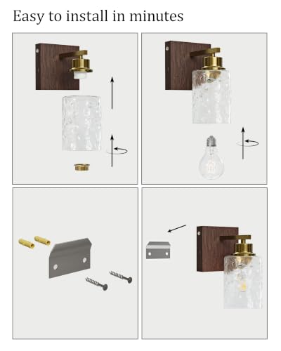 Hammered Glass Battery Operated Wall Sconces Set of Two Gold & Walnut | Dimmable Rechargeable Wall Lights with Remote Timer, Easy Install Lamp for Living Room Bedroom, Emergency 3000K - color: Gold Walnut(Clear Hammered Lampshades)