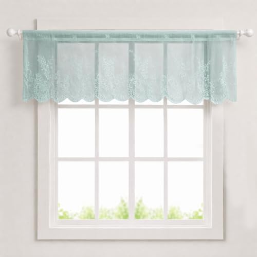 Molaxhome Kitchen Curtains Valance Blue Lace Floral Semi Sheer Curtain - color: Blue-green, size: 51"W x 16"L (Pack of 1)