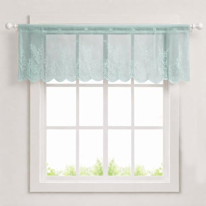 Molaxhome Kitchen Curtains Valance Blue Lace Floral Semi Sheer Curtain - color: Blue-green, size: 51"W x 16"L (Pack of 1)