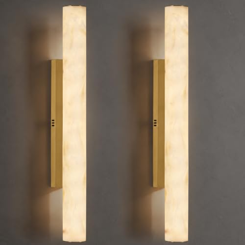 Artisan Alabaster Wall Sconces Set of 2, 36in Long Brass Linear Sconce, Faux Alabaster Bathroom Vanity Lights, 3000K Dimmable Gold Modern Wall Light for Bedroom, Living Room, Hallway, Stairs - color: Gold-36in-2Pcs