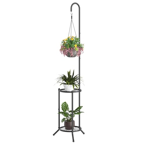 BMOSU Plant Stand with Hooks Indoor Outdoor Corner Tall Plant Stand Heavy-Duty Metal 3-Tier Plant Shelf Holder Rack for Patio Garden Balcony Living Room Bedroom(semicircular Black)