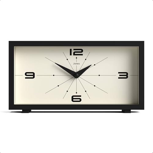 JONES CLOCKS® Odeon Desk Clock | Modern Rectangular Design | Black | Stylish Retro Look for Shelf, Table, Mantel or Bedside - color: Black