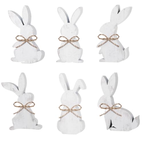 Thinkday 6 Pcs Easter Bunny Wooden Signs Rabbit Spring Table Signs for Home Office Table Wood Bunny Easter Decorations with Ribbons for Tiered Tray Mantel Shelf (Simple Style) - style: Simple Style