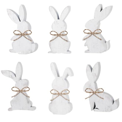 Thinkday 6 Pcs Easter Bunny Wooden Signs Rabbit Spring Table Signs for Home Office Table Wood Bunny Easter Decorations with Ribbons for Tiered Tray Mantel Shelf (Simple Style) - style: Simple Style