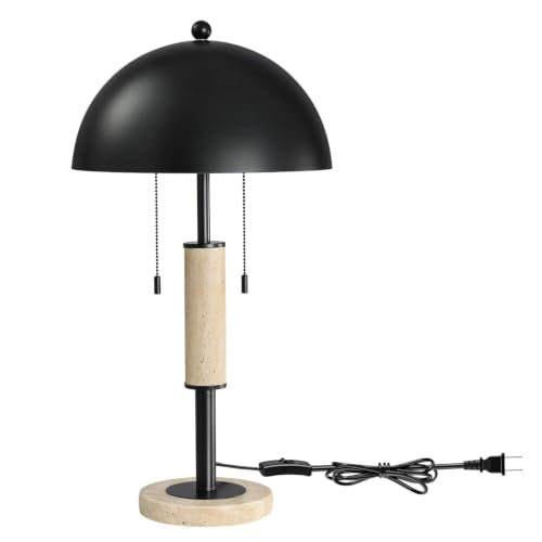 Black Bedside Table Lamp Set 2 Mid Century Modern Tavertine Nightstand Lamp - color: Black