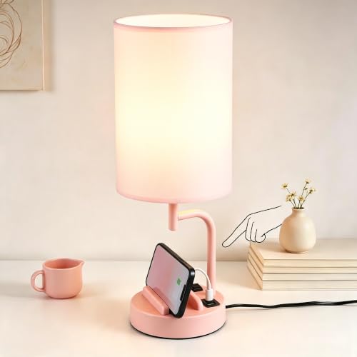 Dreamholder Touch Control USB Table Lamp with USB C/A & AC Outlet, 3-Way Dimmable Bedside Lamp, Modern Nightstand Lamps for Bedroom Living Room Guest Room Office, Bulb Included, Pink - color: Pink