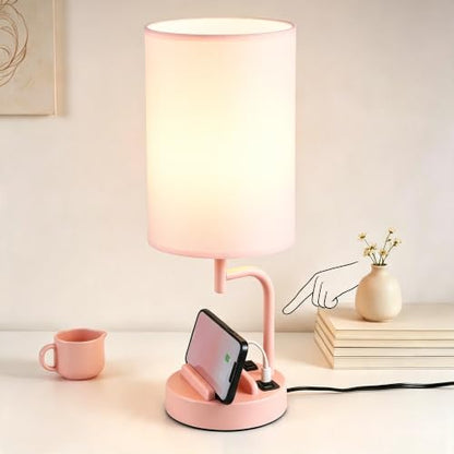 Dreamholder Touch Control USB Table Lamp with USB C/A & AC Outlet, 3-Way Dimmable Bedside Lamp, Modern Nightstand Lamps for Bedroom Living Room Guest Room Office, Bulb Included, Pink - color: Pink