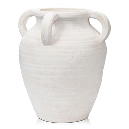Handcrafted Flower Vase, 9.8" Tall Terracotta Vase, Vintage White Ceramic Vase, Rustic Antique Decor with 4 Handles, Wide Mouth, Matte Finish for Home Office Resto Café Décor - color: White With Handles 9.8"