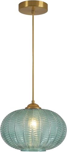 KCO Lighting Green Glass Chandelier Vintage Gold Pendant Light Large Green Ribbed Ceiling Light Antique Brass Hanging Light Mid Century Modern Pendant Lights Kitchen Island - color: 25cm-Green