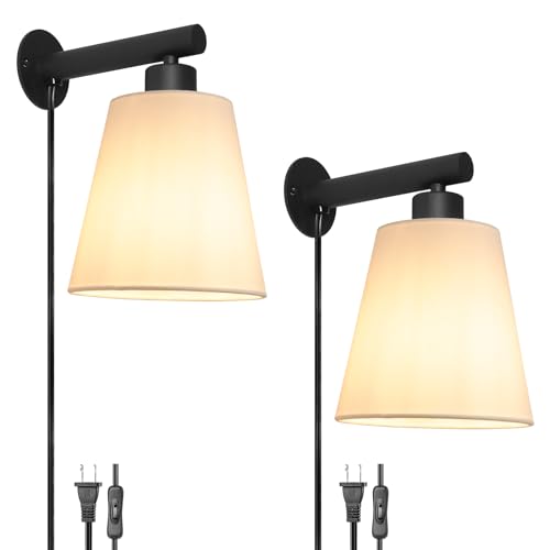 Plug in Wall Sconces Set of Two, Wall Lamp with Plug in Cord, Black Wall Sconce Light Plug in, Bedside Wall Mounted Light with Fabric Linen Shade, Plug in Wall Decor for Bedroom Living Room - color: Black, size: 6.3in-A