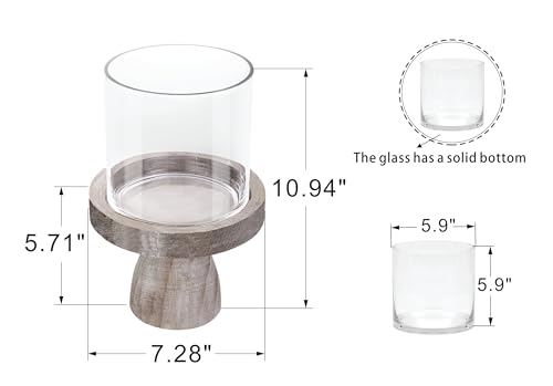 7" Wide Farmhouse Glass Hurricane Candle Holder & Glass Vase with Vintage Brown Sturdy Solid Wooden Base for Pillar & Flower Arrangement, Terrarium, Centerpiece, Console Table, Dining Table, Mantel - color: Rustic Brown, size: 7"x10"