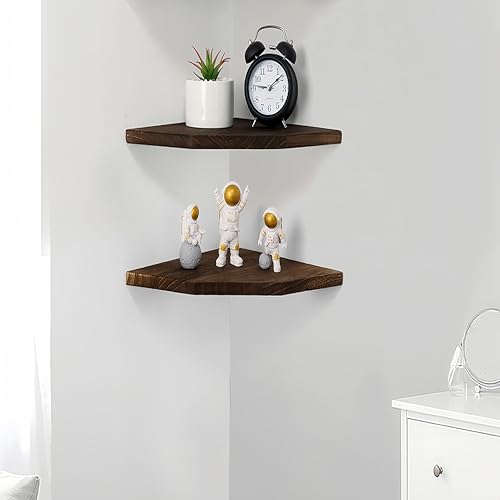 Joiishom Wood Corner Wall Shelves Set of 2, Solid Wood Corner Floating Shelves, Round End Wall Mounted Floating Corner Shelf for Bedroom, Living Room and Kitchen. (Brown-12 inch) - size: Brown-12 inch