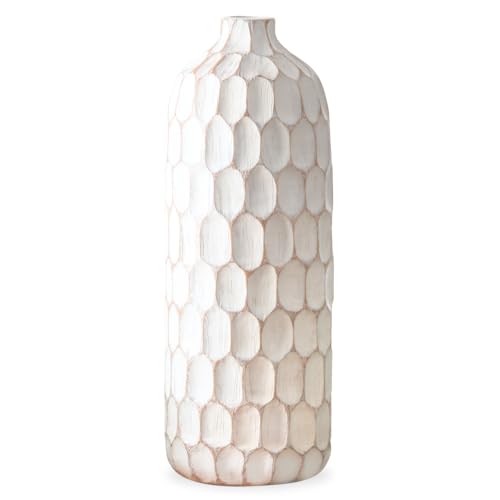 Torre & Tagus Rustic 15 Inch Vase in White/Brown, Large Rustic Vase Farmhouse Terracotta Style for Home Decor, Boho Large Vases Home Decor for Living Room, Table, Wedding, Shelf (Carved Divot) - style: 5.5" x 15" Tall