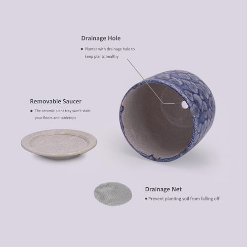 6 in Ceramic Plant Pot with Saucer，Indoor Plant Pot for Plants, Flower Pot with Drainage，Reactive Glaze Blue