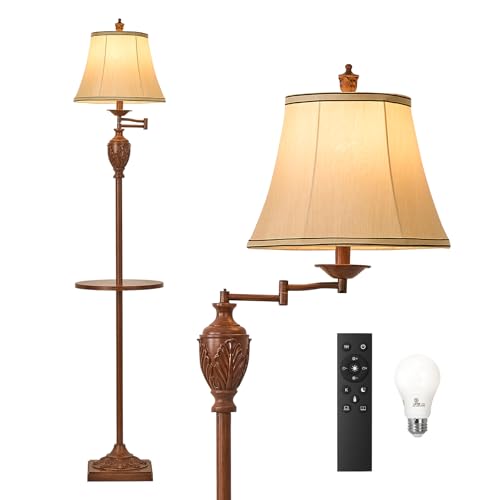 Traditional Floor Lamp with Tray, Remote Dimmable,350° Swing Arm and Walnut - color: Walnut-2