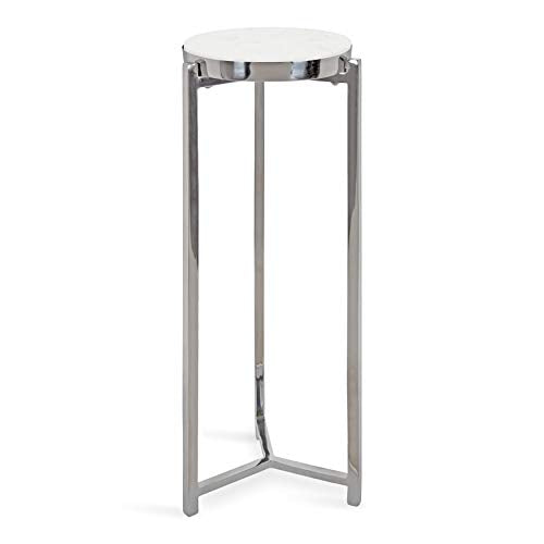 Kate and Laurel Aguilar Glam Round Drink Table, 8 x 8 x 23, Silver and White, Small Accent Table for Use as Plant Pedestal Stand with Marble Tabletop