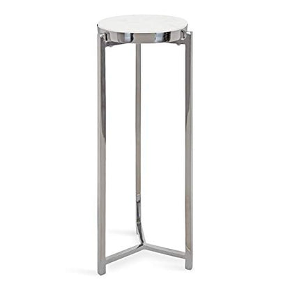 Kate and Laurel Aguilar Glam Round Drink Table, 8 x 8 x 23, Silver and White, Small Accent Table for Use as Plant Pedestal Stand with Marble Tabletop