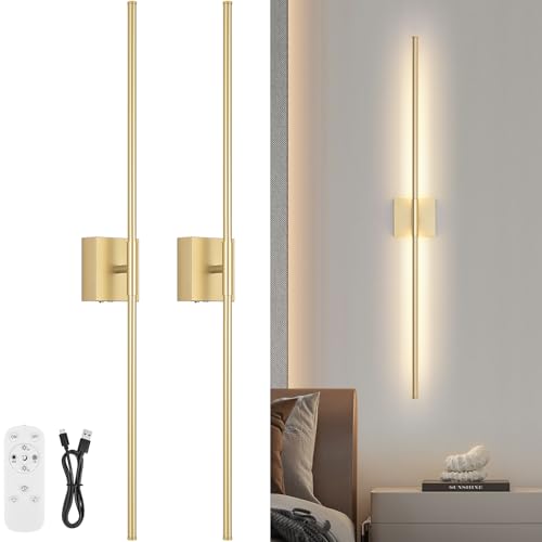 Battery Operated Wall Sconce Set of Two with Remote Control, 3000K-6000K Dimmable Gold Wall Lights, Timable LED Wireless Wall Sconces, 350° Ratate for Bathroom, Living Room, Hallway 39.4 Inch - color: Gold, size: 39.4in(2 Pack)