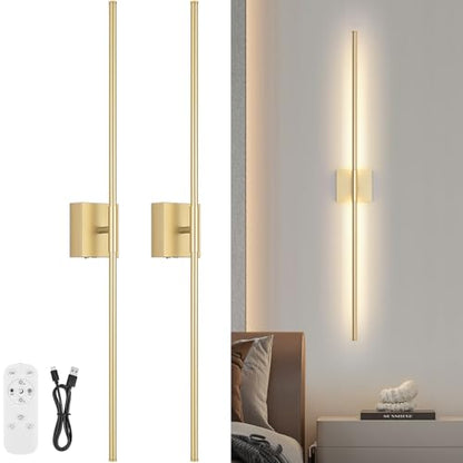 Battery Operated Wall Sconce Set of Two with Remote Control, 3000K-6000K Dimmable Gold Wall Lights, Timable LED Wireless Wall Sconces, 350° Ratate for Bathroom, Living Room, Hallway 39.4 Inch - color: Gold, size: 39.4in(2 Pack)