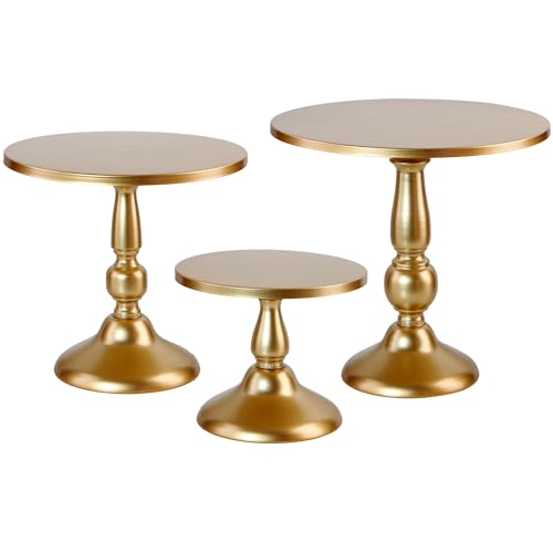 Set of 3 Gold Cake Stands, Metal Round Cake Holder Dessert Pie Pizza Display Stand 8" 10" 12" Serving Tray Decoration for Wedding Celebration Party Birthday Baby Shower - color: Gold