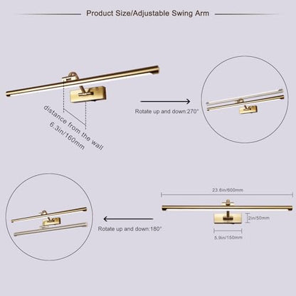 5W LED Wireless Picture Lights with Remote and Timer 23.6 Inch Rechargeable Brass Gallery Lighting Battery Operated Art Lights Over Frame Portrait - color: Battery Operated Brass, size: 24 Inch
