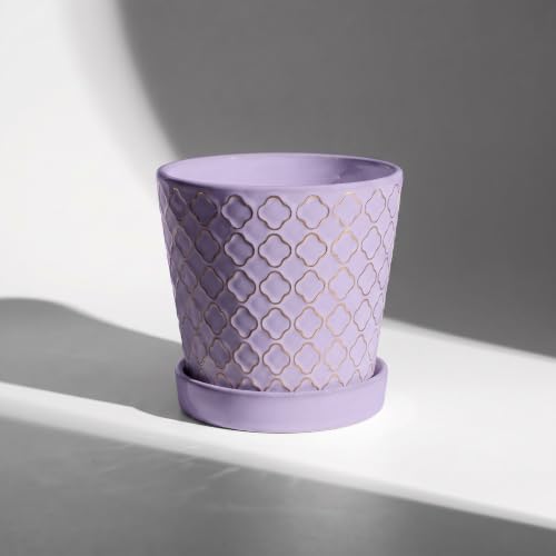 EFISPSS Ceramic Plant Pots, 5 Inch Planters with Drainage Holes and Ceramic Tray, Relief Design Flower Planter, Desktop Office Windowsill Decoration Gift Set of 4 - Lavender - color: Lavender