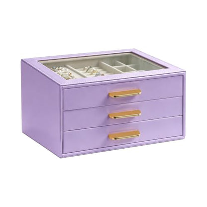 Homeanda Jewelry Boxes Organizer with Glass Lid, 3-Layer PU Leather, Purple - color: Lavender Purple, size: 3 Layer