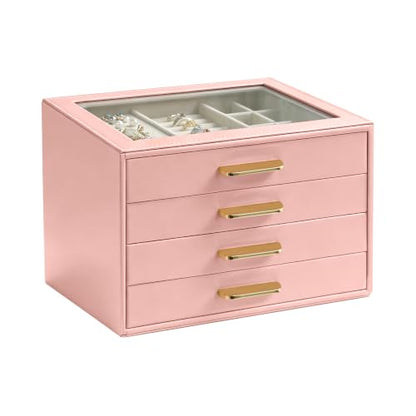 Homeanda Jewelry Boxes Organizer with Glass Lid, 4-Layer PU Leather, Pink - color: Mauve Pink, size: 4 Layer