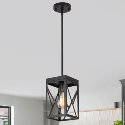 Rustic Farmhouse Metal Pendant Light Fixture One-Light Adjustable Rods Modern Metal Lantern Cage Small Pendant Lighting for Kitchen Island Sink Hallway Bathroom Bar Farmhouse, Black - size: Small 1 pack