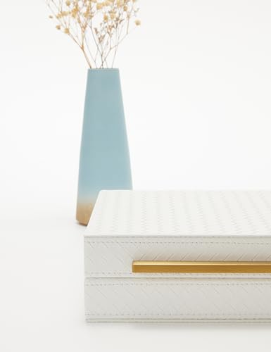 Kingflux White Wooden Keepsake Box With Faux Leather and Brushed Gold Handle, Gift and Storage Box for Vanity, Coffee Table, Shelf, Cosmetic, Jewelry Organizer - color: white