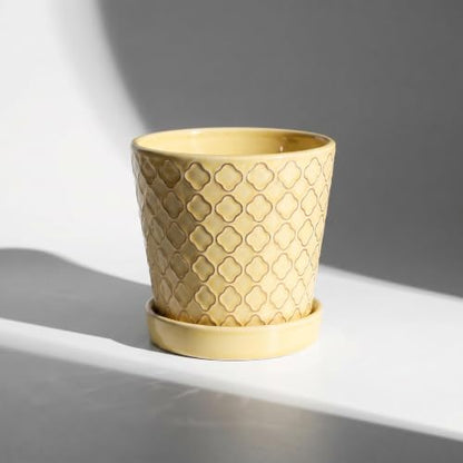 EFISPSS Ceramic Plant Pots, 5 Inch Planters with Drainage Holes and Ceramic Tray, Relief Design Flower Planter, Desktop Office Windowsill Decoration Gift Set of 4 - Lemon Yellow - color: Lemon Yellow