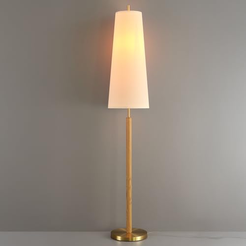 Globe Electric 63" Matte Brass Floor Lamp with Wood Toned Accent and Long White Fabric Shade - color: Matte Brass, Genevieve