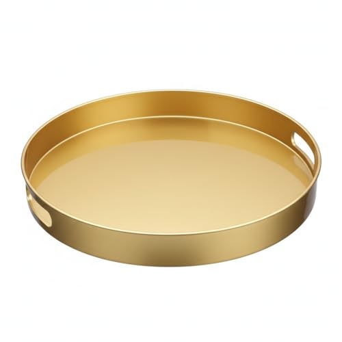 Spsyrine Round Gold Decorative Tray, 13" Plastic Serving Table Tray with Handles for Ottoman, Coffee Table, Bathroom, Kitchen, Living Room - color: Gold