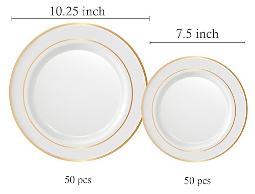 Neatiffy 100 Pcs Gold Rim Plastic Dinnerware Set (50 Guest) | 50 x Dinner Plate, 50 x Dessert Plate | BPA-Free | for Wedding, Luxurious Party, Special Event - color: White Gold Plate