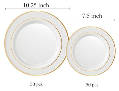 Neatiffy 100 Pcs Gold Rim Plastic Dinnerware Set (50 Guest) | 50 x Dinner Plate, 50 x Dessert Plate | BPA-Free | for Wedding, Luxurious Party, Special Event - color: White Gold Plate