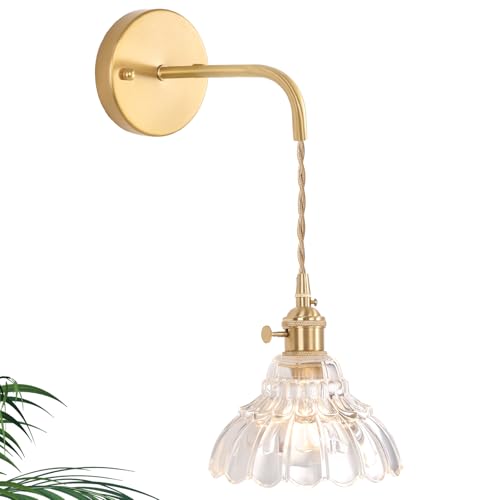 Shenmoyl Vintage Wall Sconce with Clear Lily of the Valley Shade Pattern Glass Adjustable Chain Retro Gold Wall Mounted Light, Modern Wall Lamp Fixtures Decor for Bedside Bedroom Indoor Doorway - color: Lily of the Valley-Clear, size: 1Pack-Hardwired