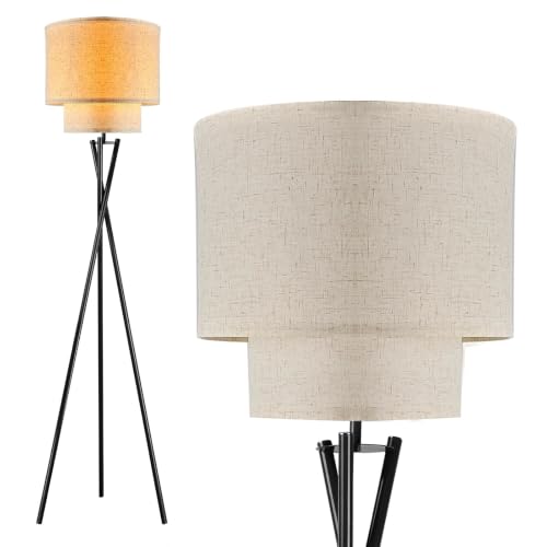 Lightdot Black Tripod Floor Lamp, Modern Floor Lamps for Living Room, Standing Lamp with Dual Drum, E26 Bulb Included, 67.7" Tall Floor Lamp for Bedroom, Home Office - color: Double Fabric-Black