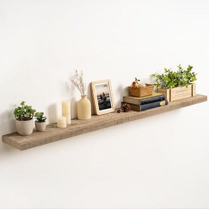 FLYJOE 60 Inch Long Wood Floating Shelf,Solid Rustic Reclaimed Barnwood Planks 8 Inch Deep Floating Wall Mounted Shelves with Invisible Heavy-Duty Metal Bracket for Living Room,Bedroom,Office,Natural - color: Distressed Natural, size: 60inches-1P