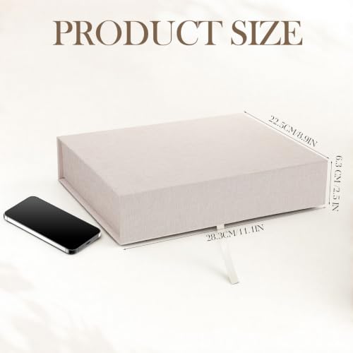 Linen Photo Box, 8×10 Memory Box for Keepsakes Photo Storage Boxes with Lids Stackable for Storing Photos, Postcards, Handwritten Letters, Drawer and Tabletop Organizer, 11.1×8.9×2.5 Inch