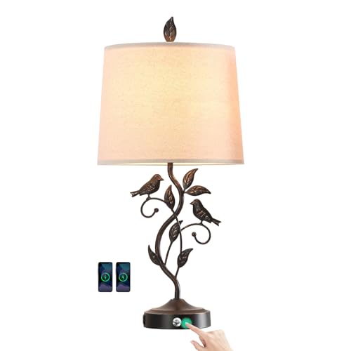 27" Touch Farmhouse Bird Table Lamps for Living Room with 2 USB C+A Ports - color: 1 Pack-‎Bronze