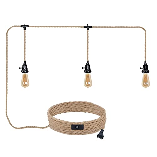 Triple Plug in Pendant Lights with Cord Hanging Lamp Kit with Switch 23 Ft Long Hemp Rope Farmhouse Pndant Light Cord Lighting Fixture Kits DIY Hanging Light - color: Yellow 3 Lights
